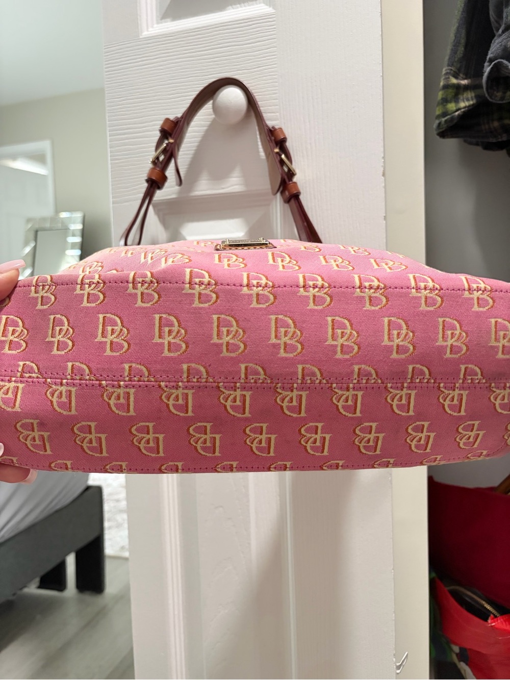 Dooney & Bourke Pink Logo Hobo with Brown Leather Trim - Picture 6 of 9